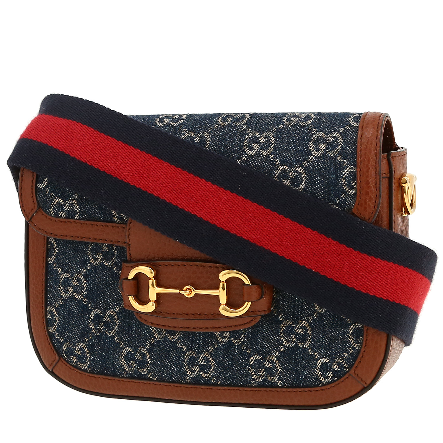 Sac bandoulière Gucci  1955 Horsebit mini  en toile denim monogrammée bleue et cuir marron - Detail D4