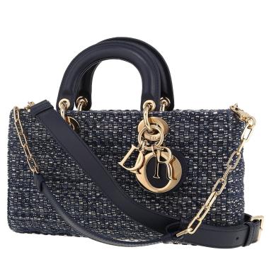 Sac bandoulière Dior  Lady D-Joy en toile bleu-marine et blanche et cuir bleu-marine