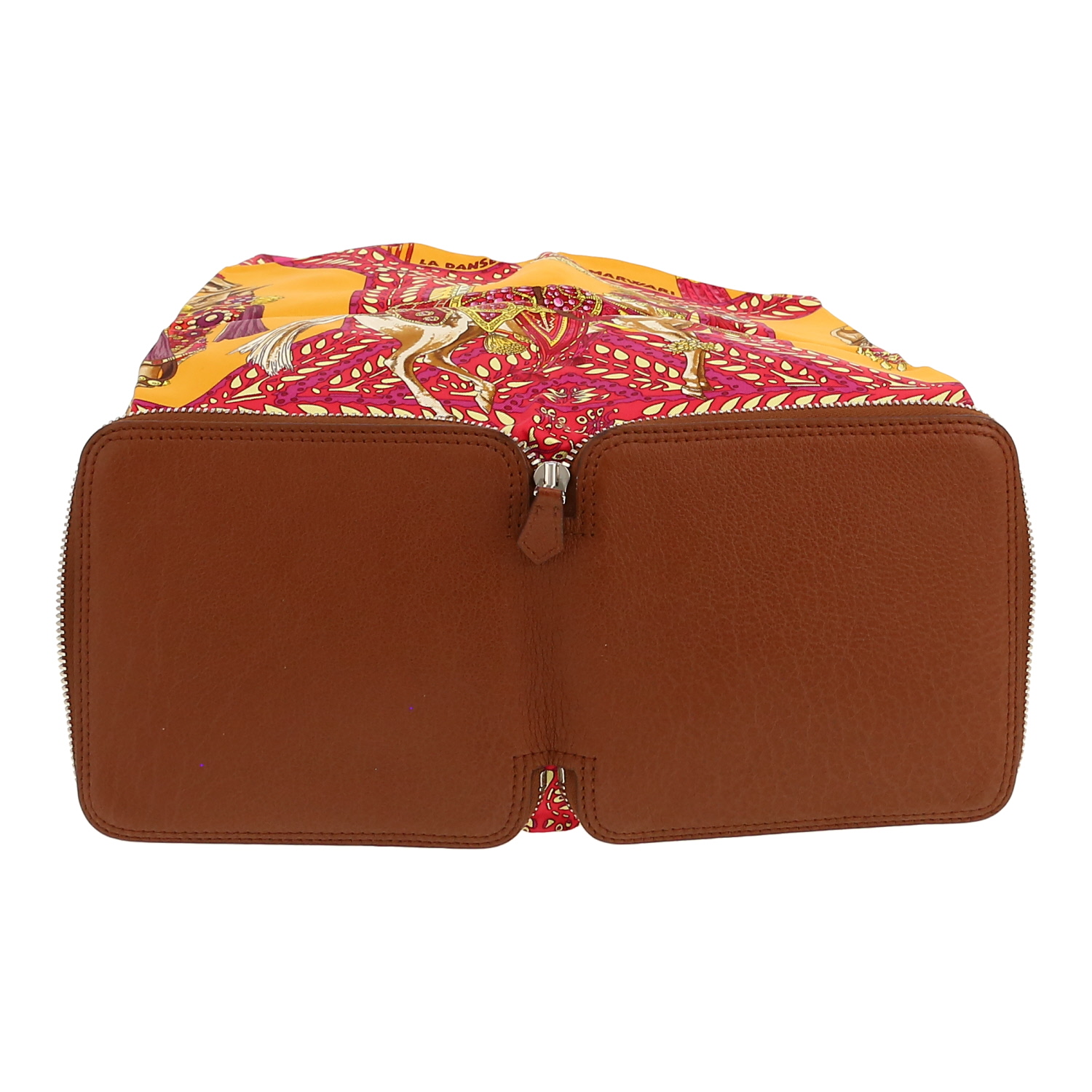 Sac cabas Hermès  Silky Pop - Shop Bag en toile imprimée jaune et rose et cuir marron - Detail D1