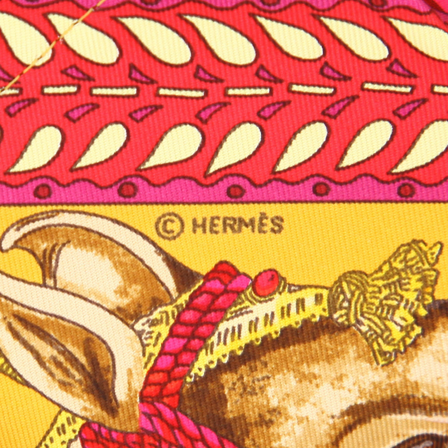 Shopping bag Hermès  Silky Pop - Shop Bag in tela con stampa gialla e rosa e pelle marrone - Detail D2