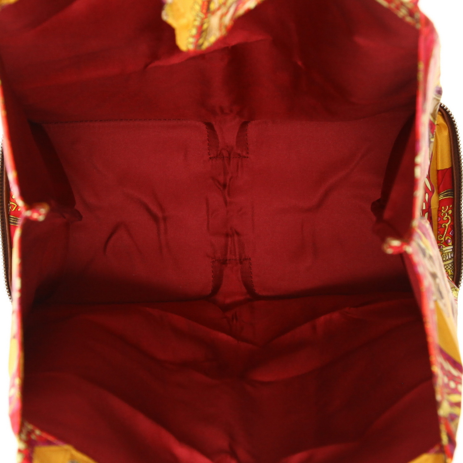 Sac cabas Hermès  Silky Pop - Shop Bag en toile imprimée jaune et rose et cuir marron - Detail D3