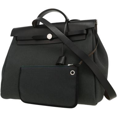 Sac porté épaule ou main Hermès  Herbag en toile noire et cuir noir