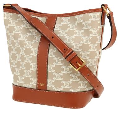Bolso bandolera Celine  Seau modelo pequeño  en tejido "Triomphe" beige y cuero marrón