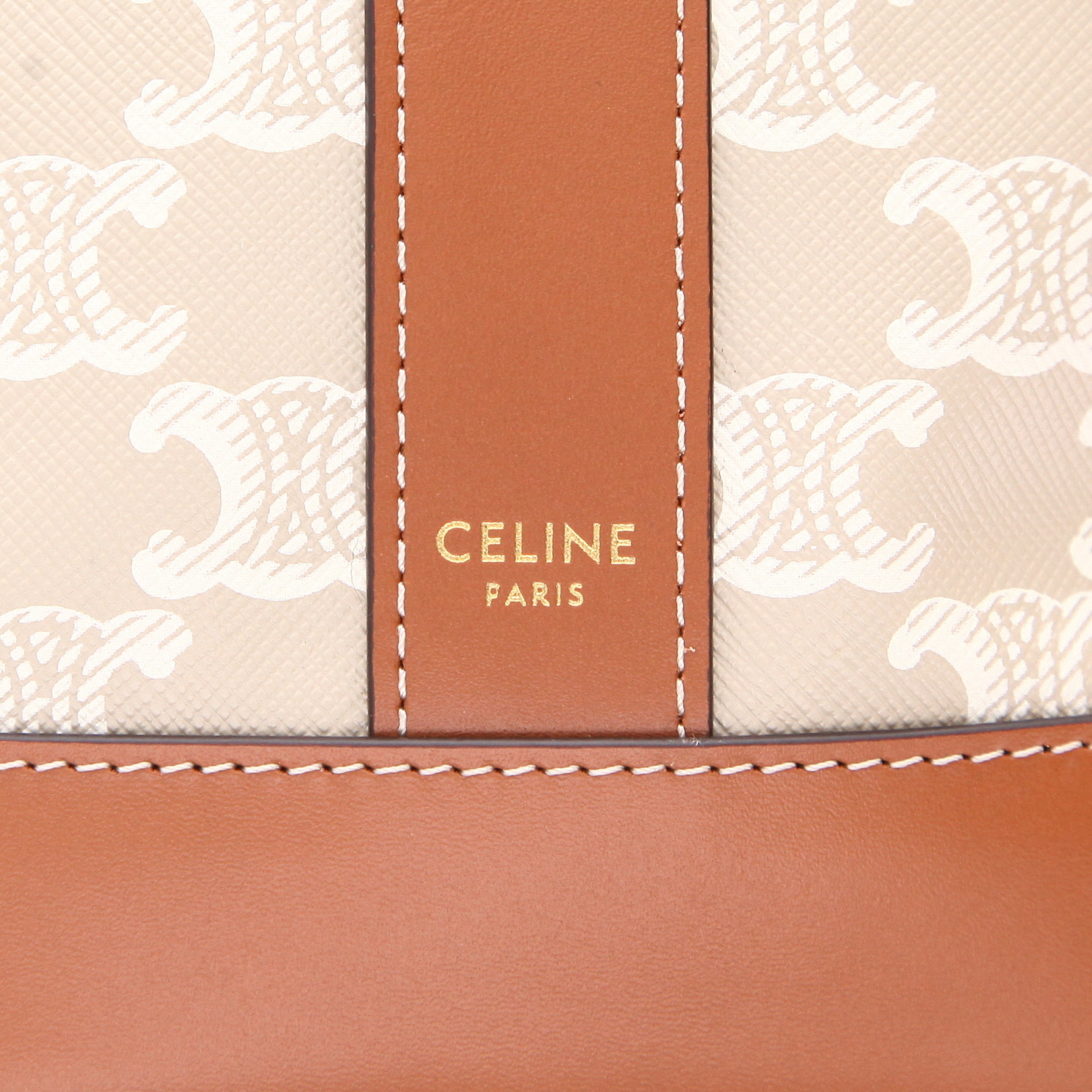 Sac bandoulière Celine  Seau petit modèle  en toile Triomphe beige et cuir marron - Detail D2