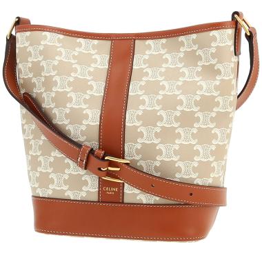 Sac bandoulière Celine  Seau petit modèle  en toile Triomphe beige et cuir marron