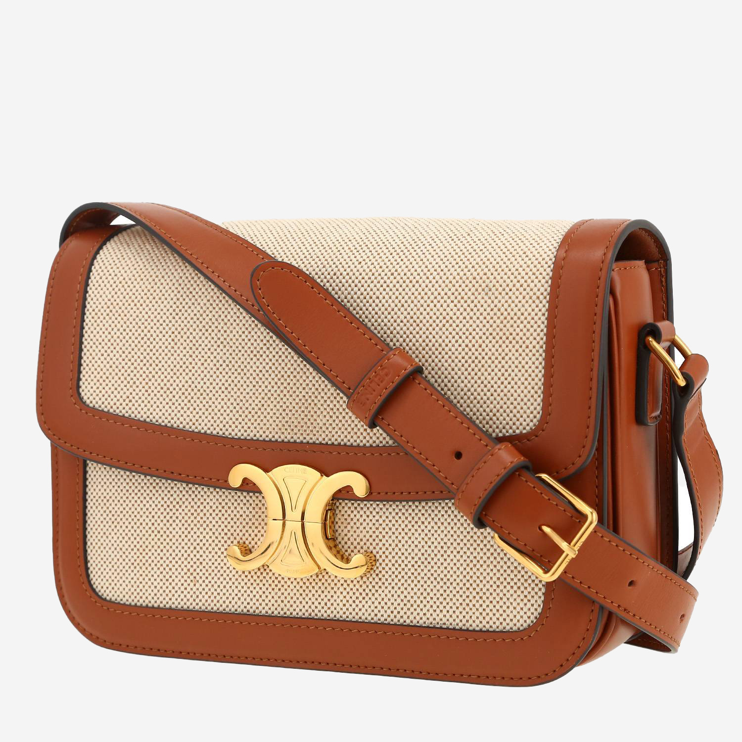 Celine Triomphe shoulder bag in beige canvas and brown leather
