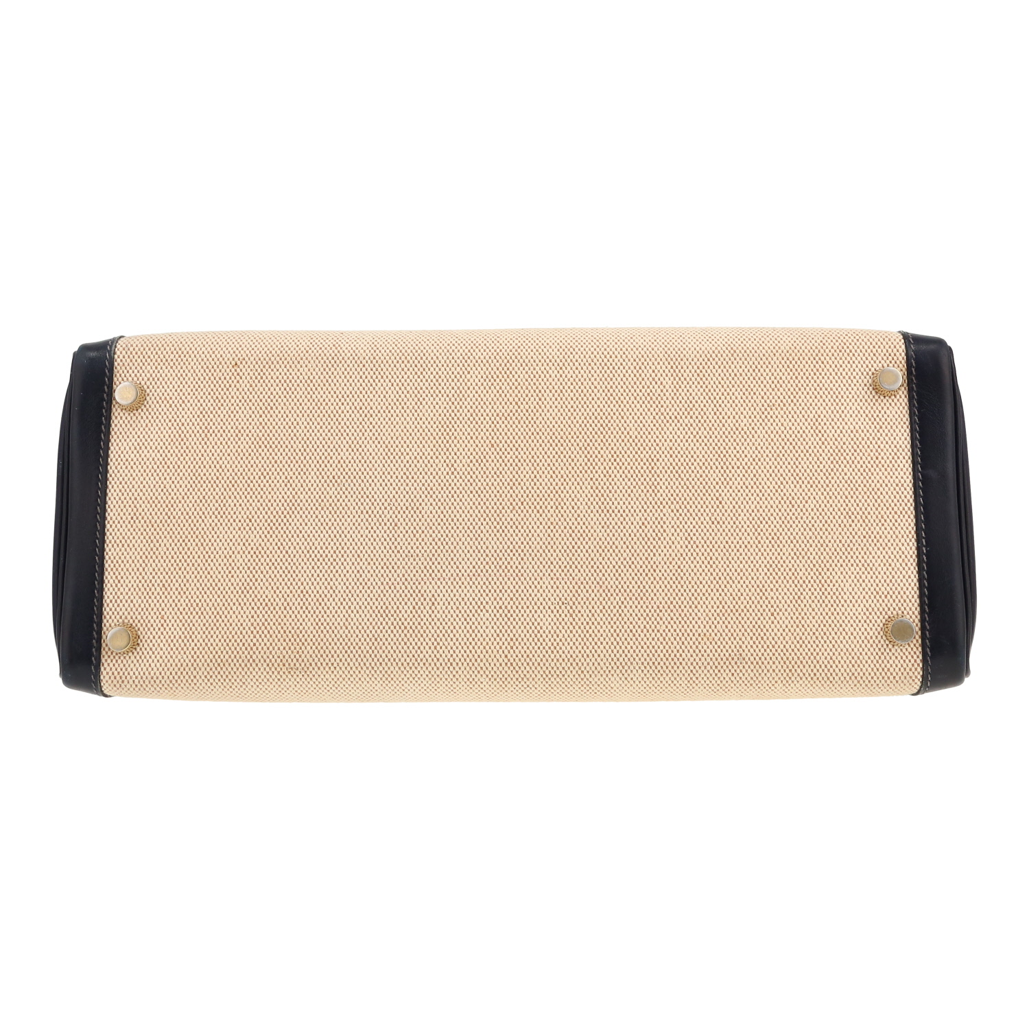 Hermès  Kelly 32 cm handbag  in navy blue box leather  and beige canvas - Detail D1