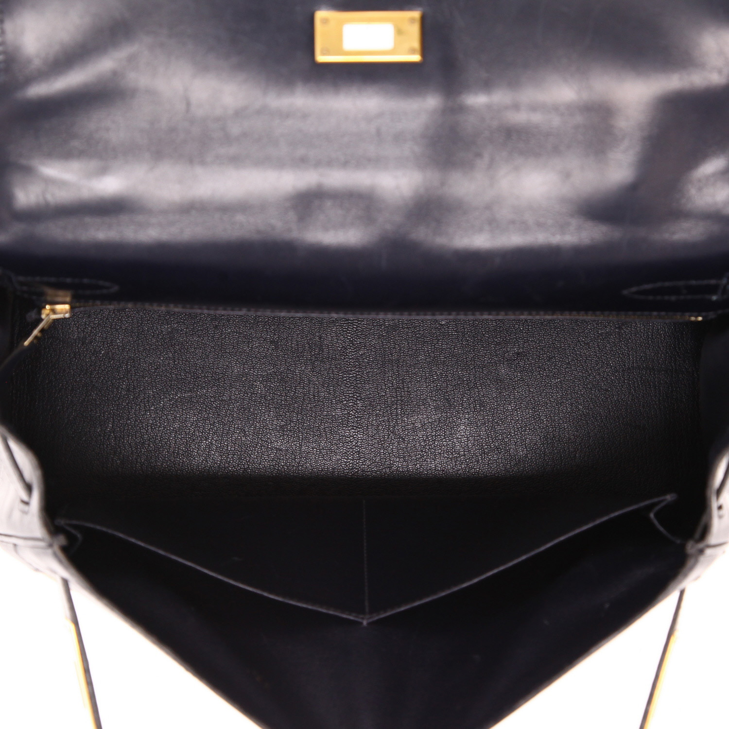 Hermès  Kelly 32 cm handbag  in navy blue box leather  and beige canvas - Detail D4