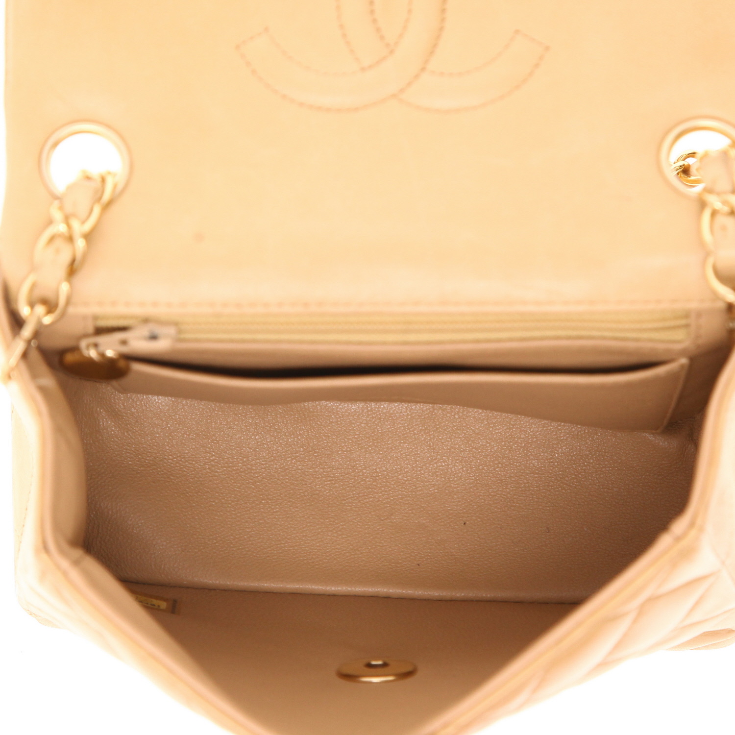 Chanel  Mini Carré handbag  in beige quilted leather - Detail D3