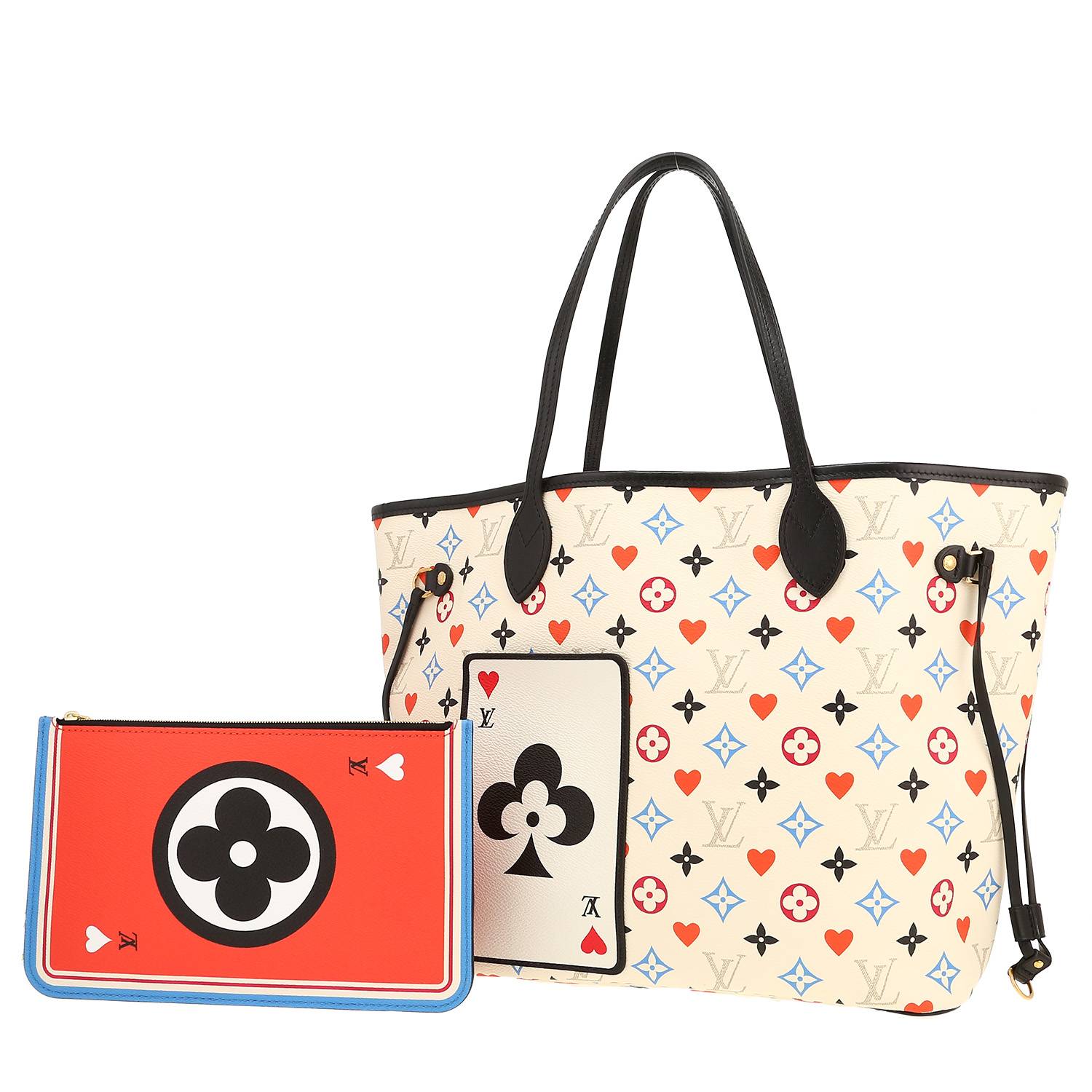 Louis Vuitton Neverfull shopping bag in white and multicolor damier canvas and black leather