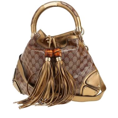 Borsa Gucci  Bamboo in tela siglata beige e pelle dorata