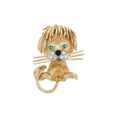 Van Cleef & Arpels Lion Ebouriffé small model 1970's brooch in yellow gold, platinium, diamonds and emerald