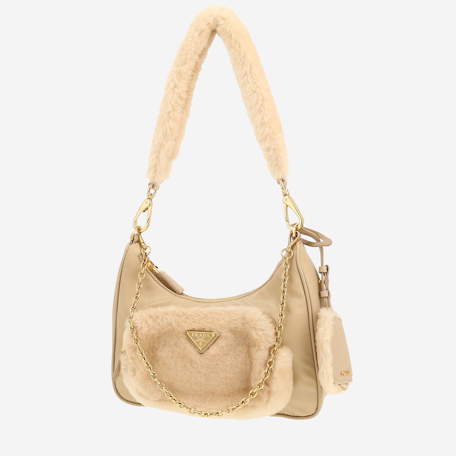 Sac bandoulière Prada  Re-Edition 2005 en toile beige et peau lainée beige
