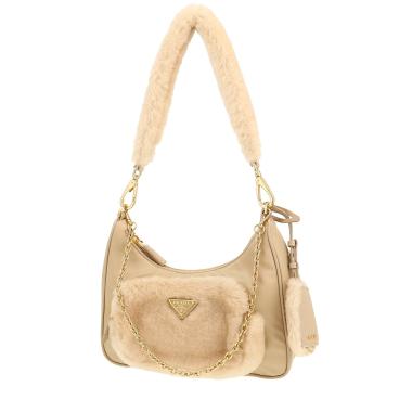 Bolso bandolera Prada  Re-Edition 2005 en lona beige y piel con lana beige