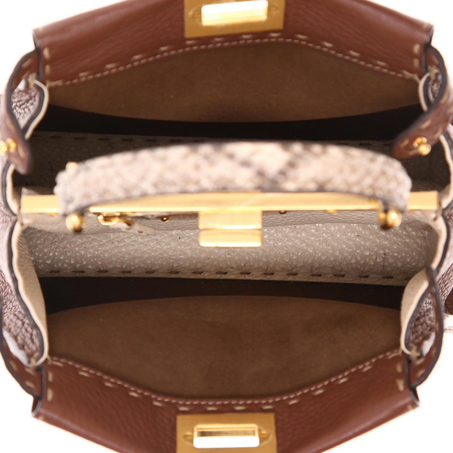 Borsa Fendi  Peekaboo ISeeU in pelle martellata marrone e pitone beige - Detail D3