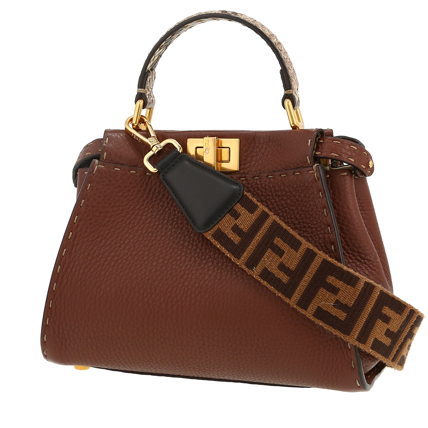 Bolso de mano Fendi  Peekaboo ISeeU en cuero granulado marrón y piel de pitón beige - Detail D4