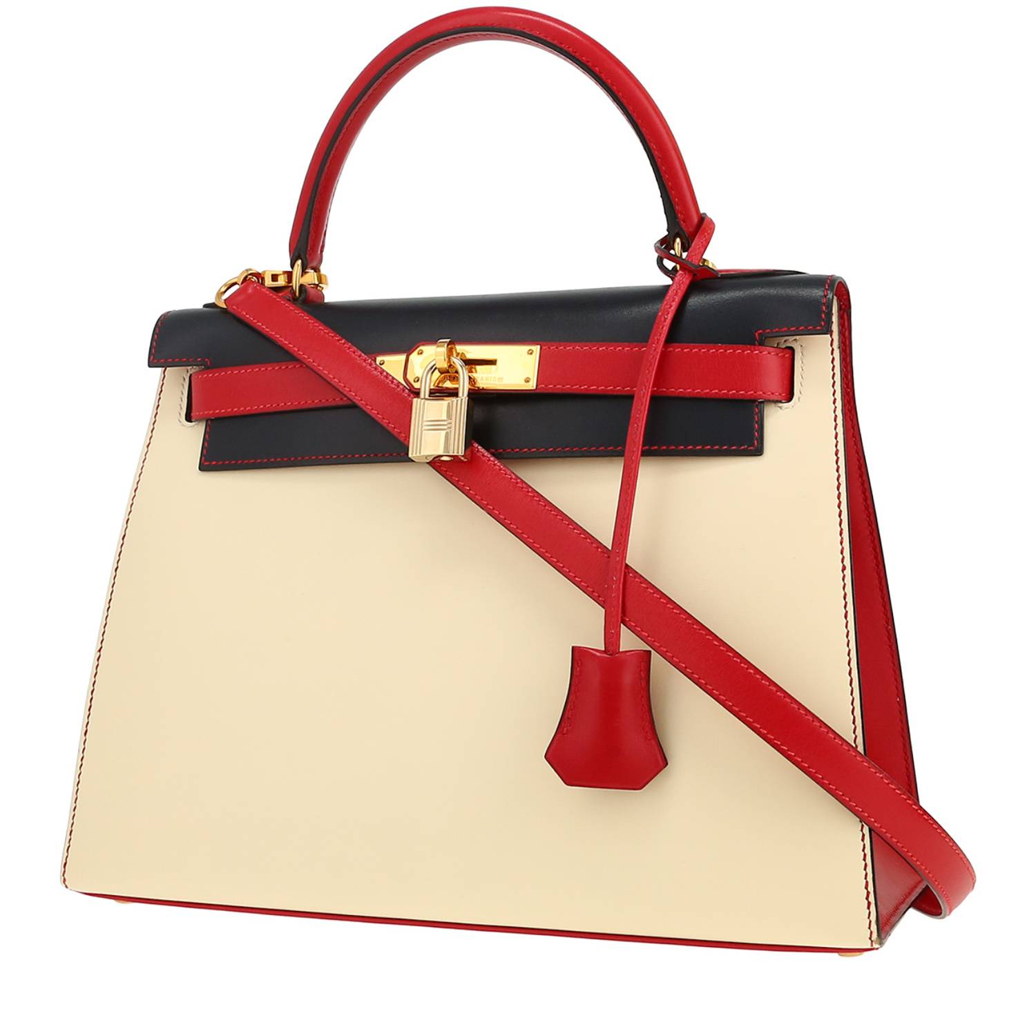 Borsa Hermès  Kelly 28 cm in pelle box tricolore color crema blu e rossa - 00pp