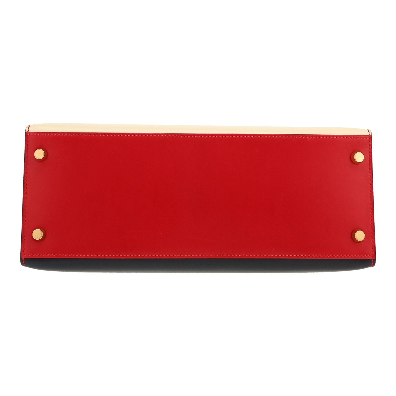 Hermès  Kelly 28 cm handbag  in cream color, blue and red tricolor  box leather - Detail D1