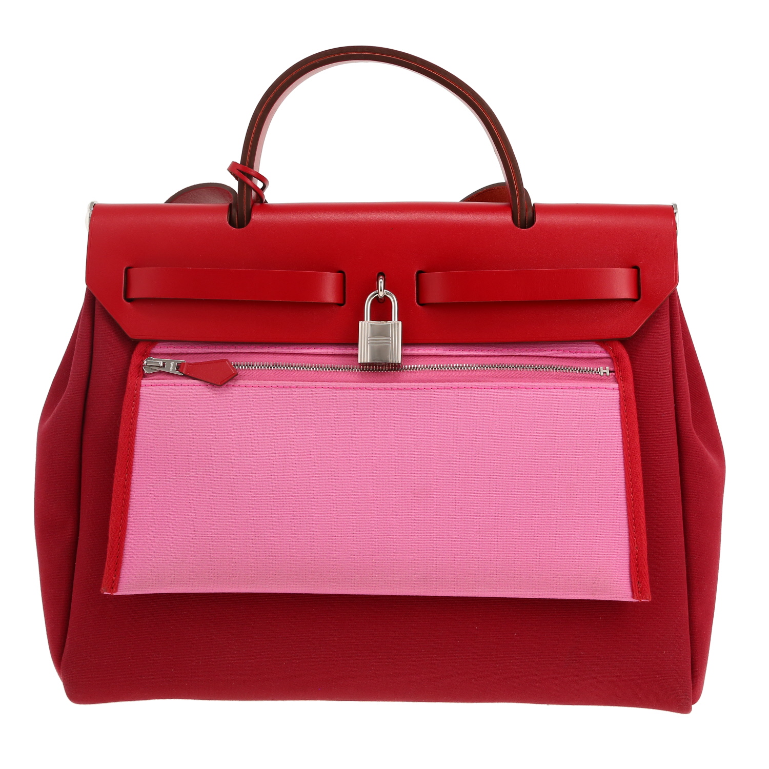Borsa da spalla o a mano Hermès  Herbag in tela rossa e rosa e pelle rossa - Detail D4