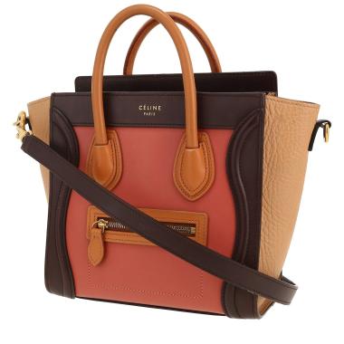 Sac bandoulière Celine  Luggage Nano en cuir rose, beige prune et marron