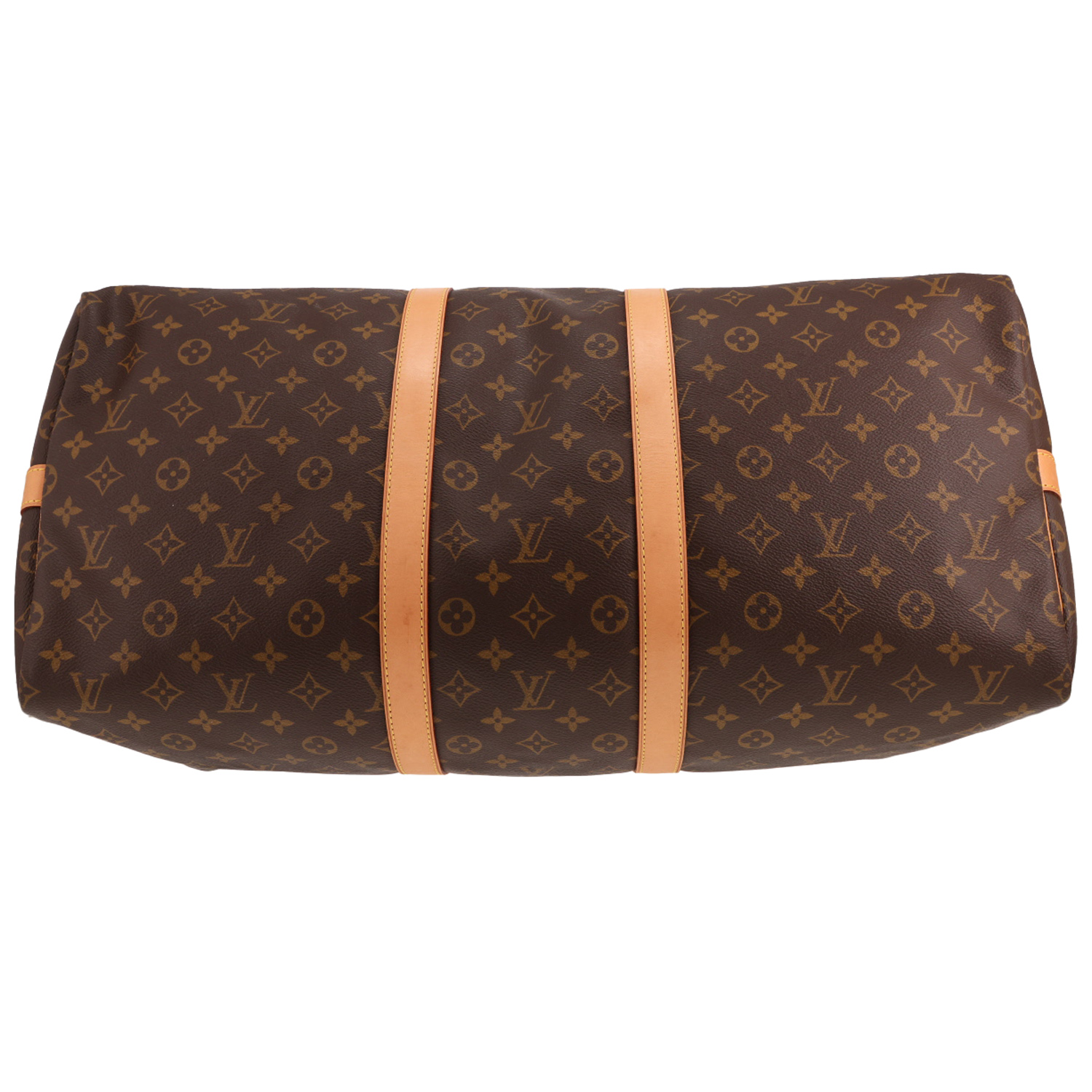Bolsa de viaje Louis Vuitton Keepall 55 de lona Monogram marrón y piel natural - Detail D1