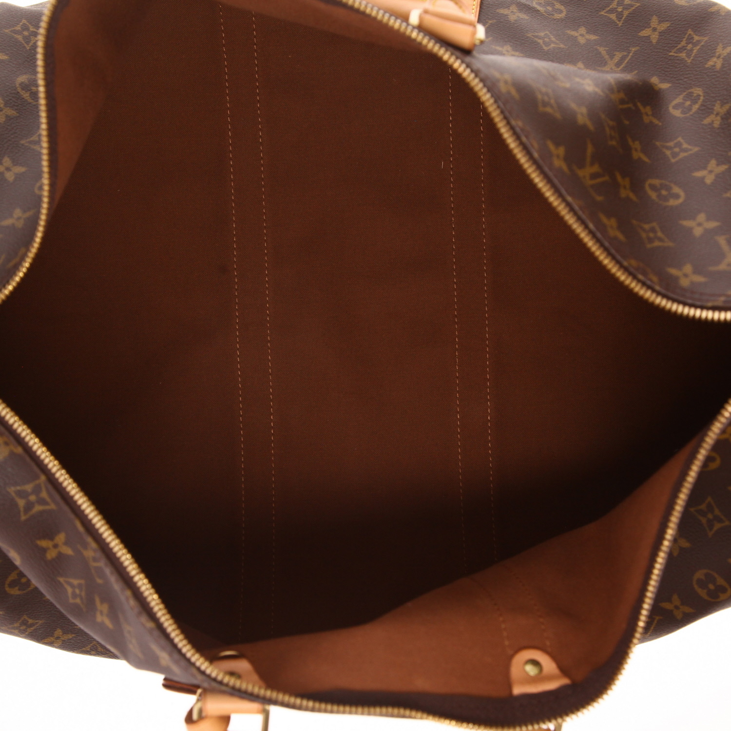Bolsa de viaje Louis Vuitton Keepall 55 de lona Monogram marrón y piel natural - Detail D3