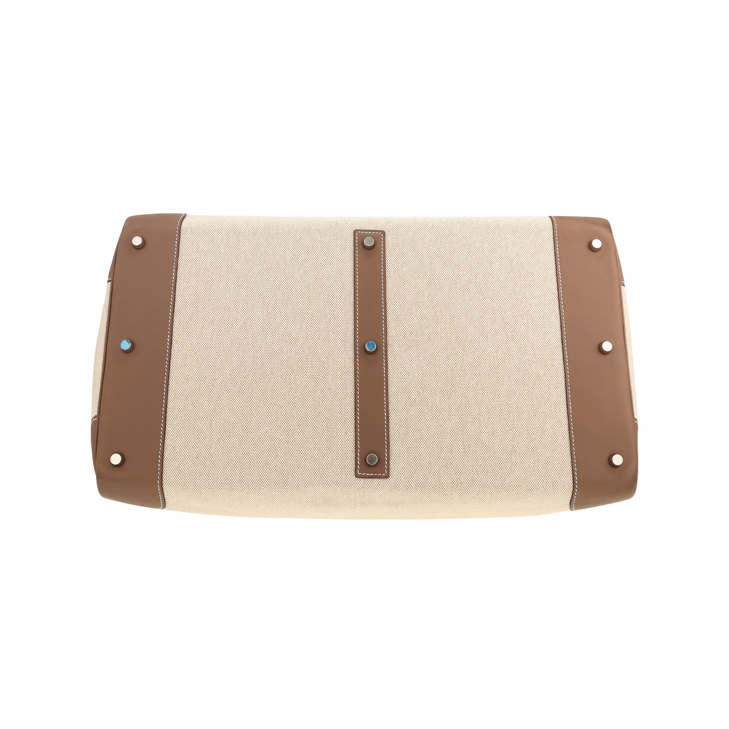 Hermès  Haut à Courroies - Travel Bag travel bag  in etoupe leather  and "H" canvas - Detail D1