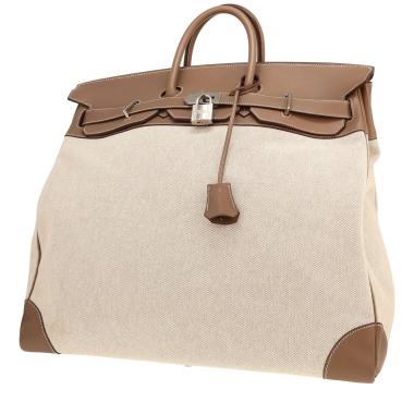 Bolsa de viaje Hermès  Haut à Courroies - Travel Bag en cuero marrón etoupe y tejido "H"