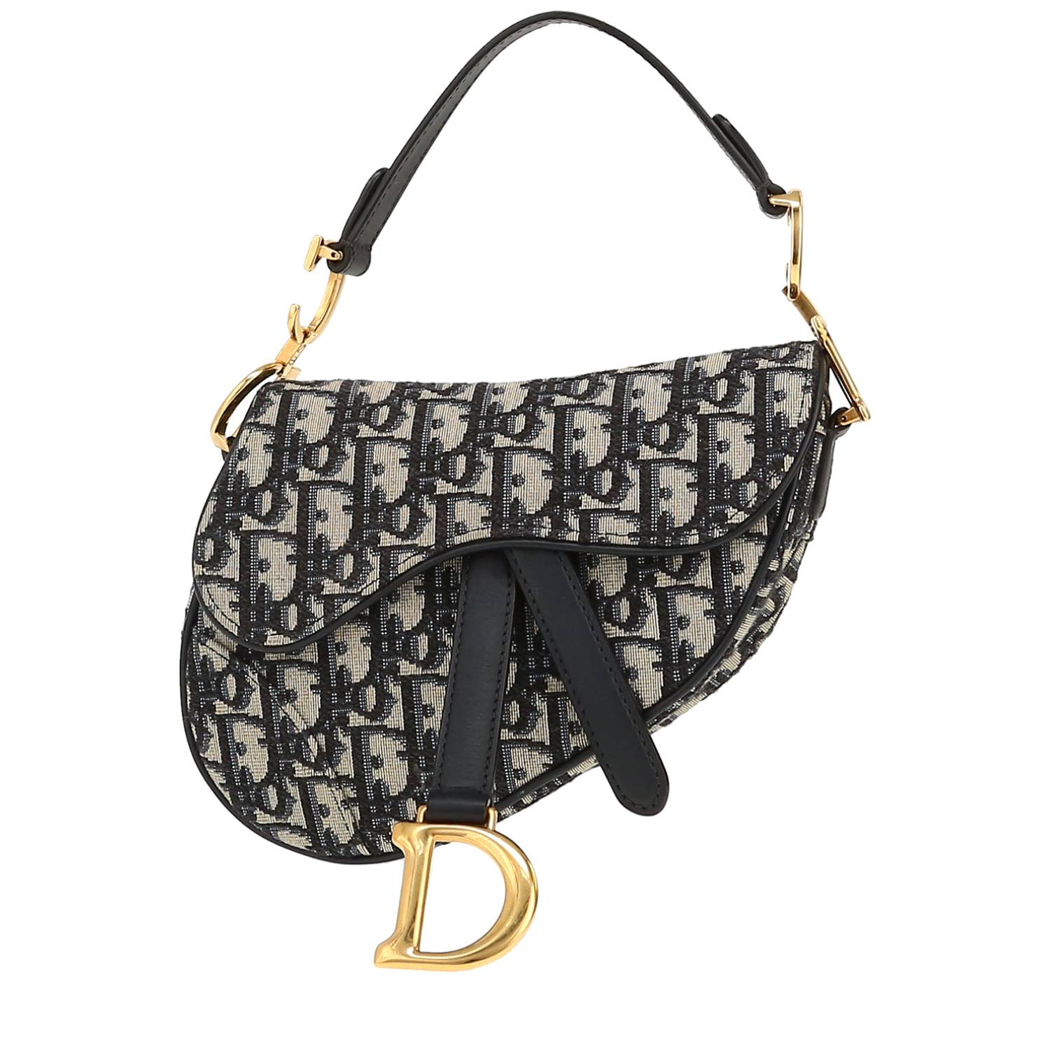 Dior Saddle mini handbag in navy blue and beige monogram canvas Oblique and navy blue leather