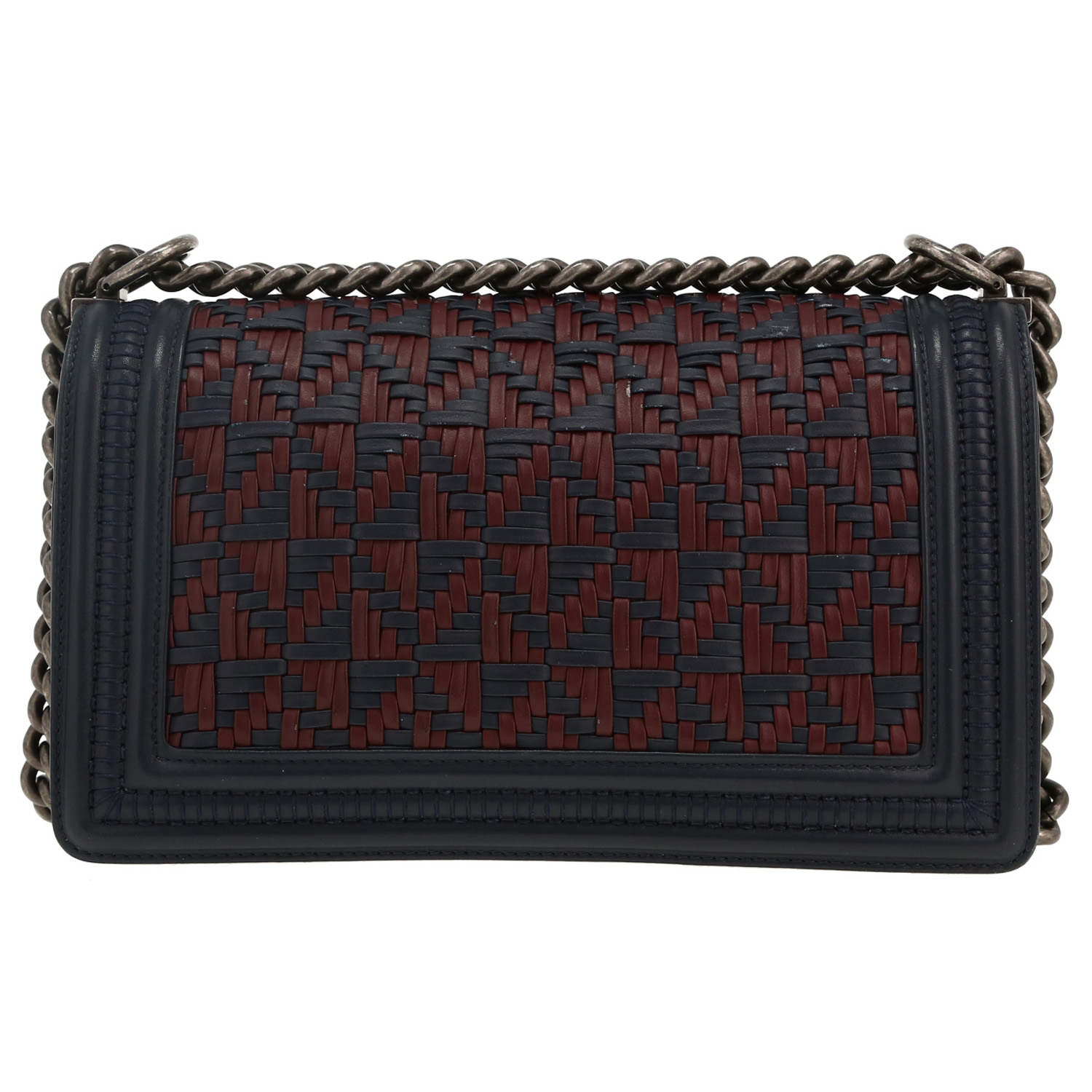 Chanel Boy shoulder bag in navy blue and burgundy leather - Detail D4