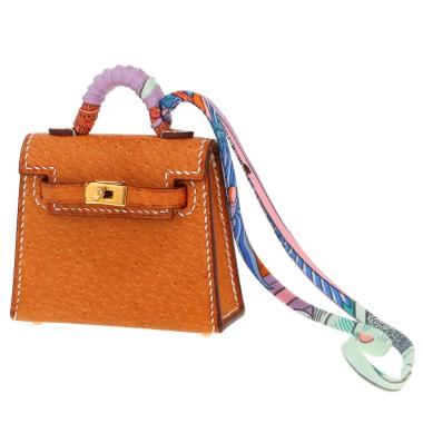 Sac/pochette Hermès  Kelly Twilly bag charm en cuir de Pecari marron et soie multicolore