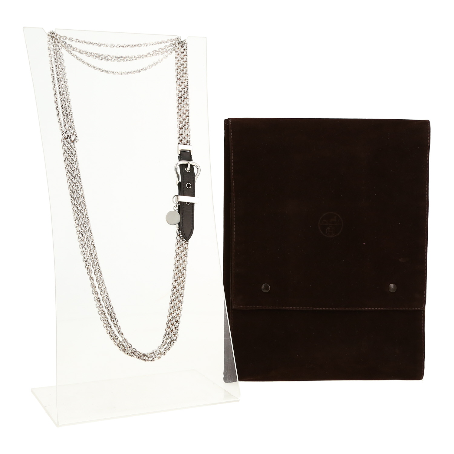 Collana lunga Hermès Boucle Sellier in argento e pelle - Detail D2