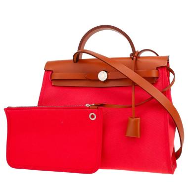 Bolso de mano Hermès  Herbag en lona roja y vaca Hunter