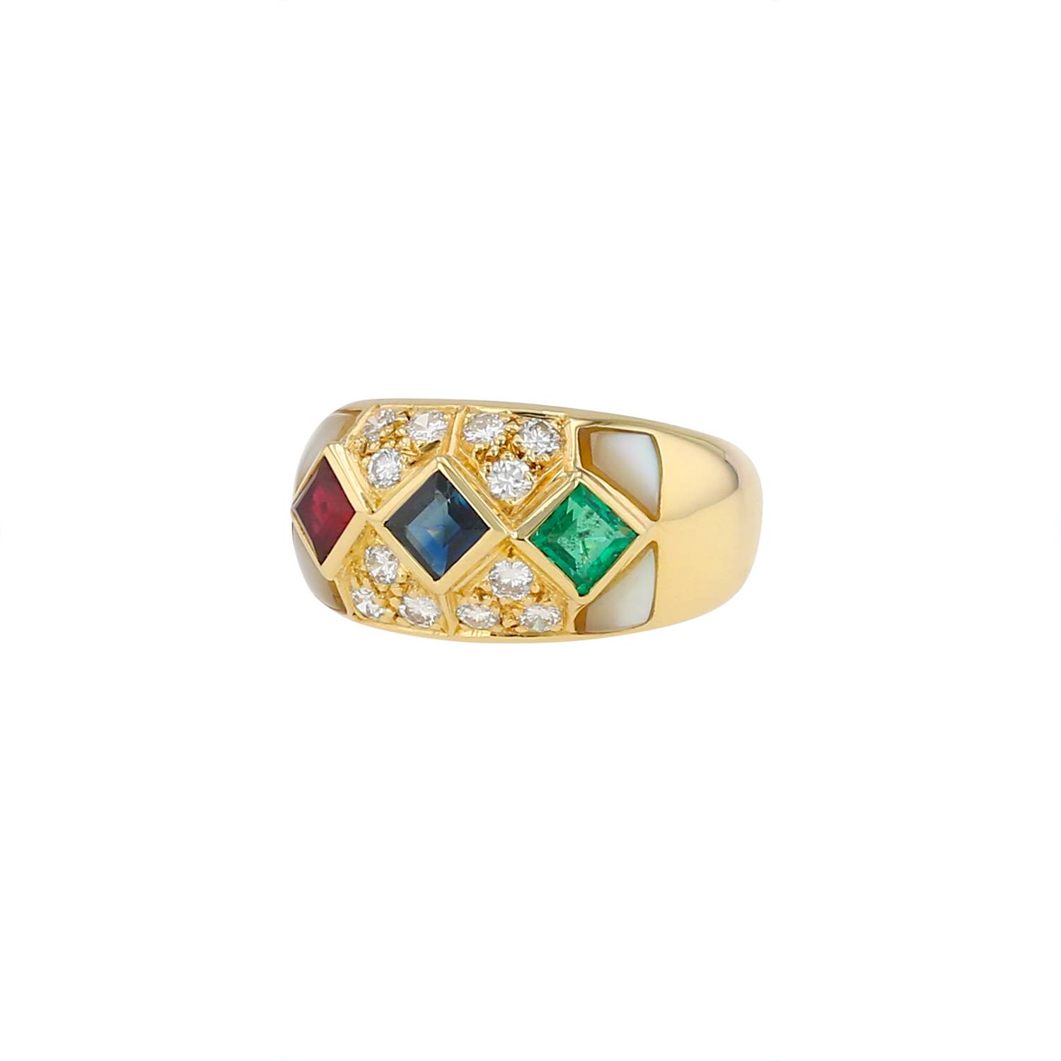 Bague Vintage  en or jaune, rubis, saphir, émeraude et diamants