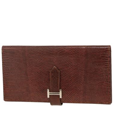 Billetera Hermès  Bearn en piel de lagarto marrón