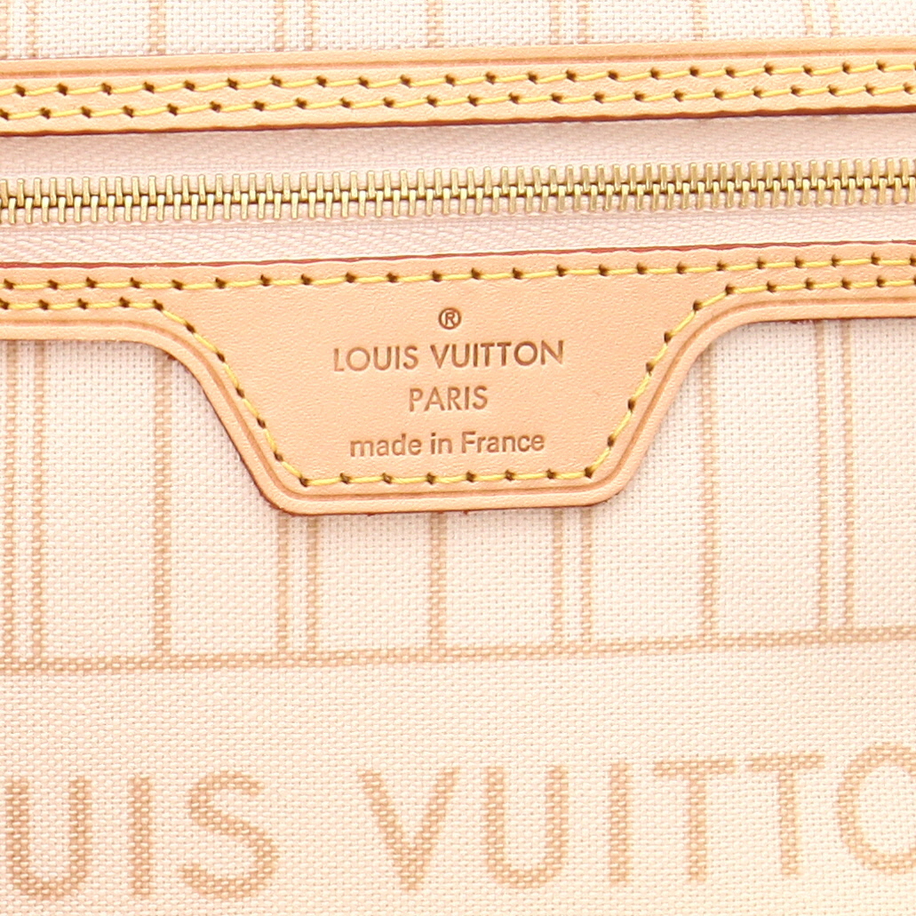 Louis Vuitton  Neverfull shopping bag  in azur damier canvas  and natural leather - Detail D2