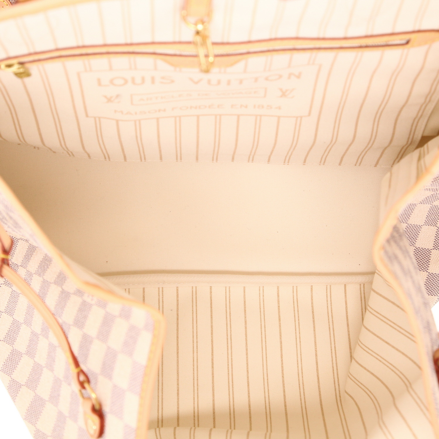 Louis Vuitton  Neverfull shopping bag  in azur damier canvas  and natural leather - Detail D3