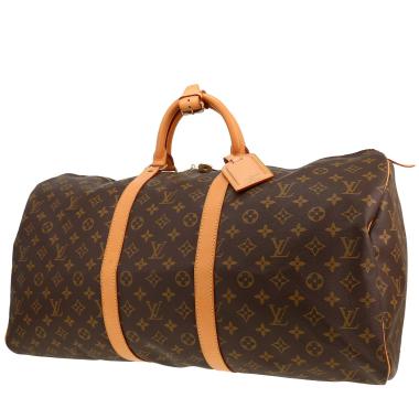 Bolsa de viaje Louis Vuitton Keepall 55 de lona Monogram marrón y piel natural