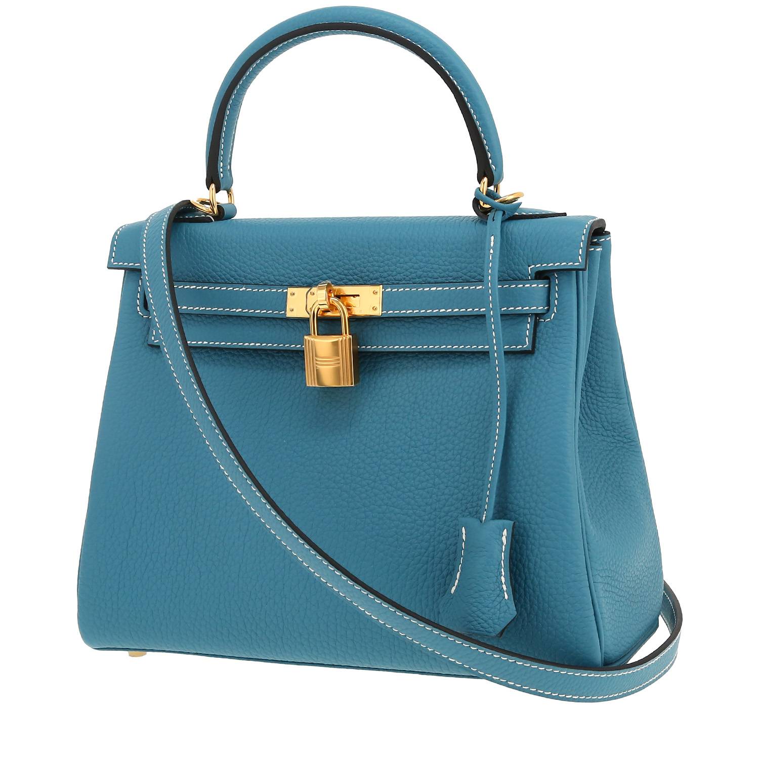 Borsa Hermès  Kelly 25 cm in pelle togo blu