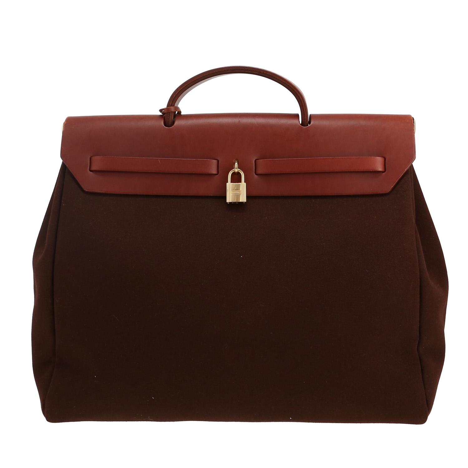 Hermès  Herbag bag worn on the shoulder or carried in the hand  in brown canvas  and brown leather - Detail D4