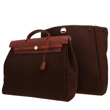 Sac porté épaule ou main Hermès  Herbag en toile marron et cuir noir