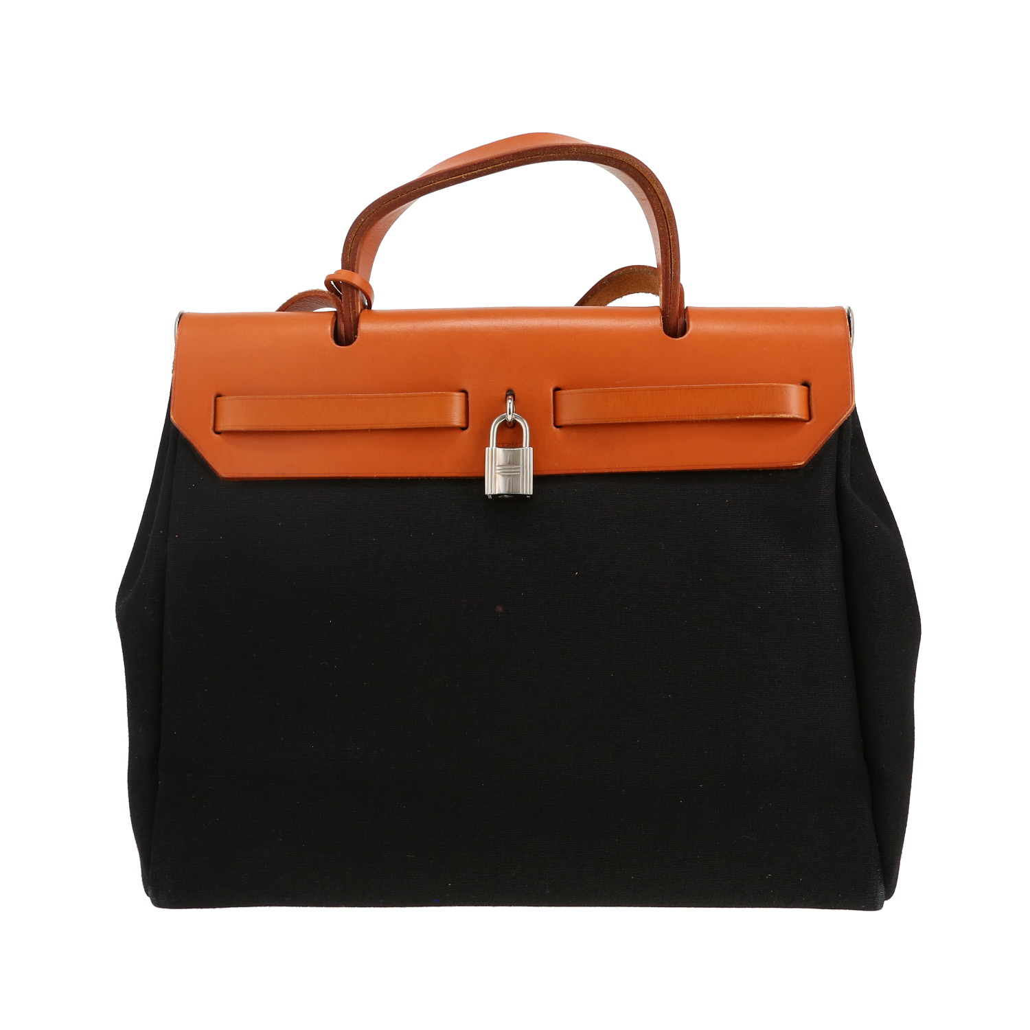 Sac porté épaule ou main Hermès Herbag en toile beige et vache Hunter - Detail D4