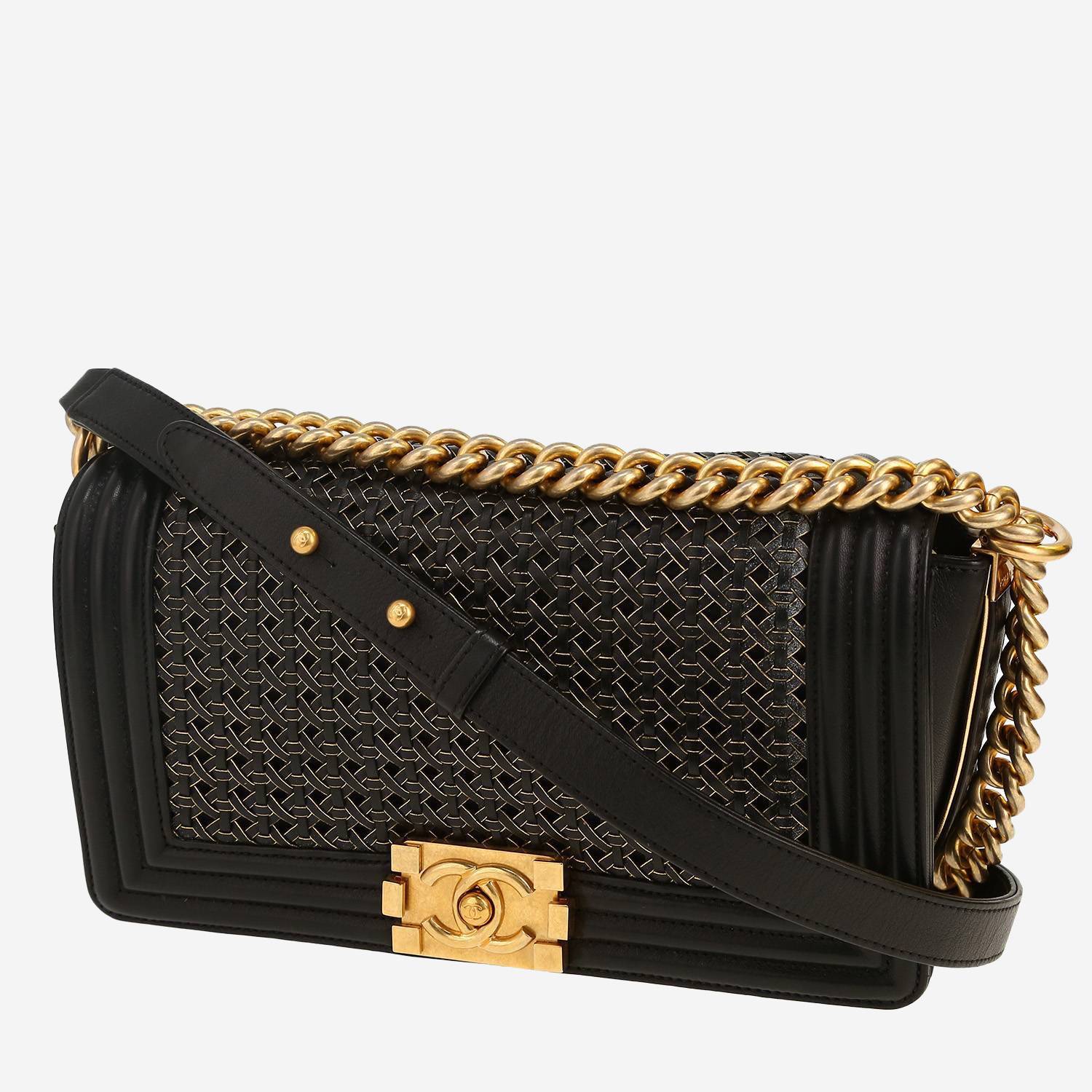 Borsa a tracolla Chanel  Boy in pelle intrecciata nera e dorata