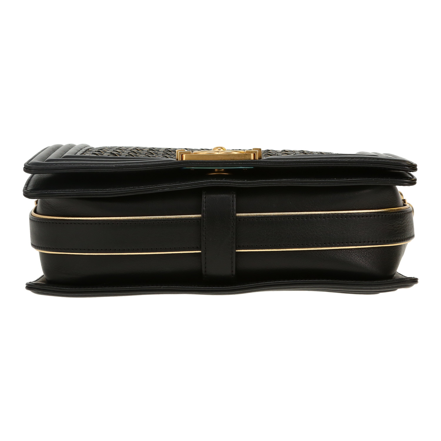 Sac bandoulière Chanel  Boy en cuir tressé noir et doré - Detail D1