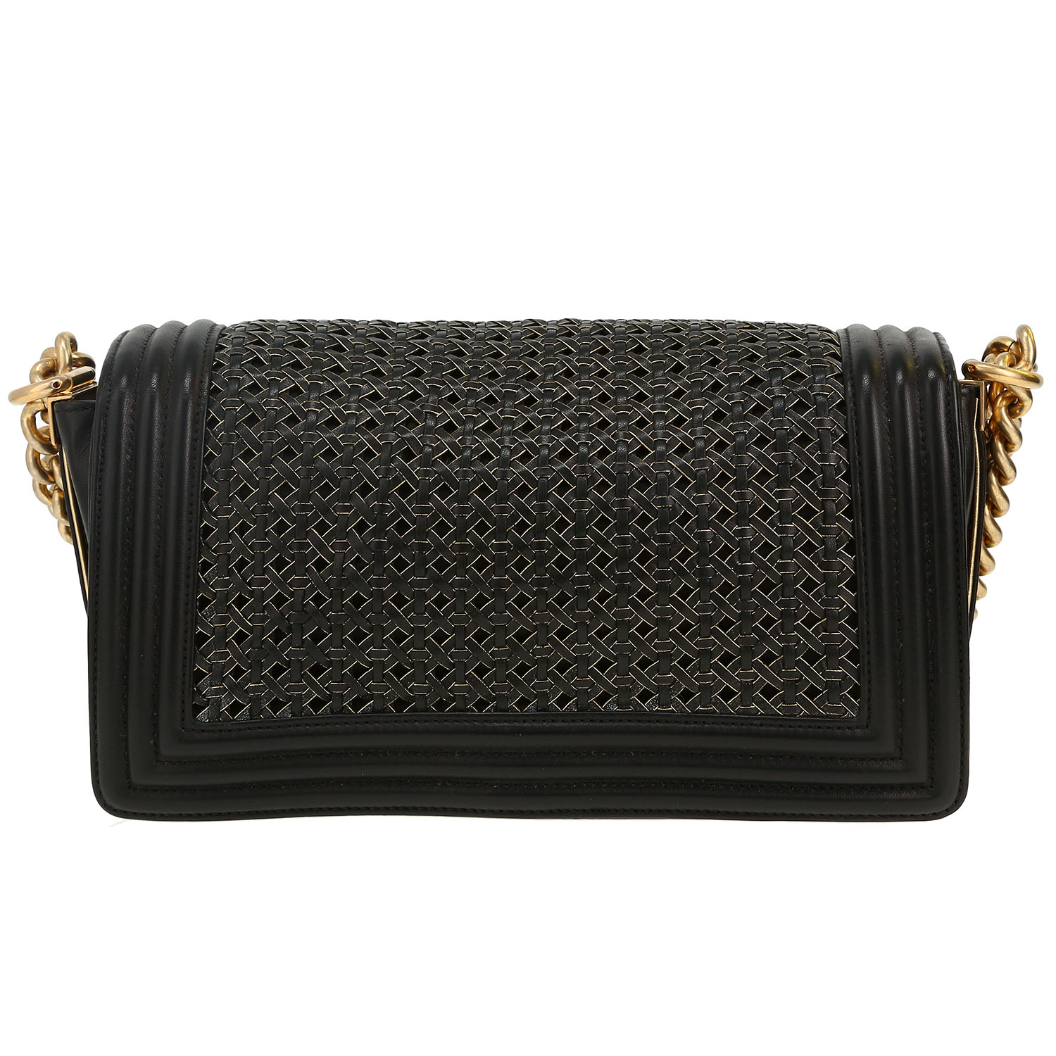 Sac bandoulière Chanel  Boy en cuir tressé noir et doré - Detail D4