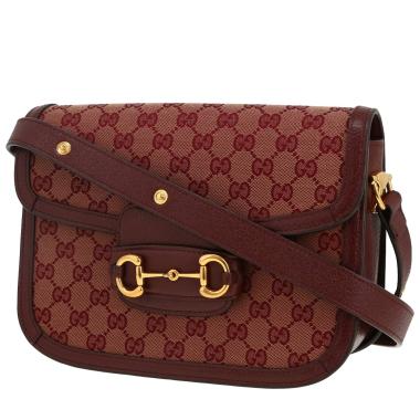 Sac bandoulière Gucci  1955 Horsebit petit modèle  en toile sûpreme GG bordeaux et cuir bordeaux