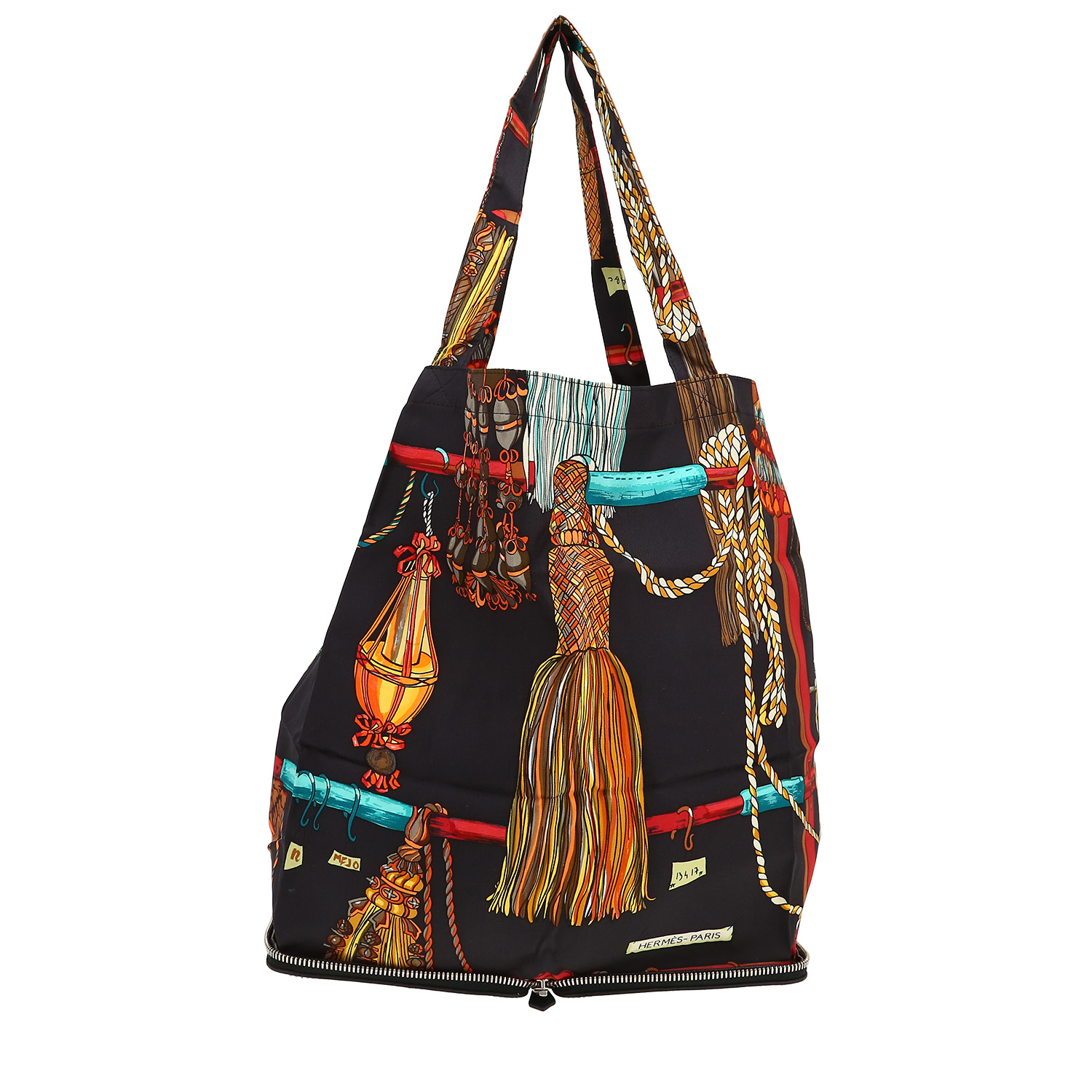 Sac cabas Hermès  Silky Pop - Shop Bag en toile imprimée noire et cuir grainé noir - Detail D5