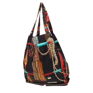 Sac cabas Hermès  Silky Pop - Shop Bag en toile imprimée noire et cuir grainé noir