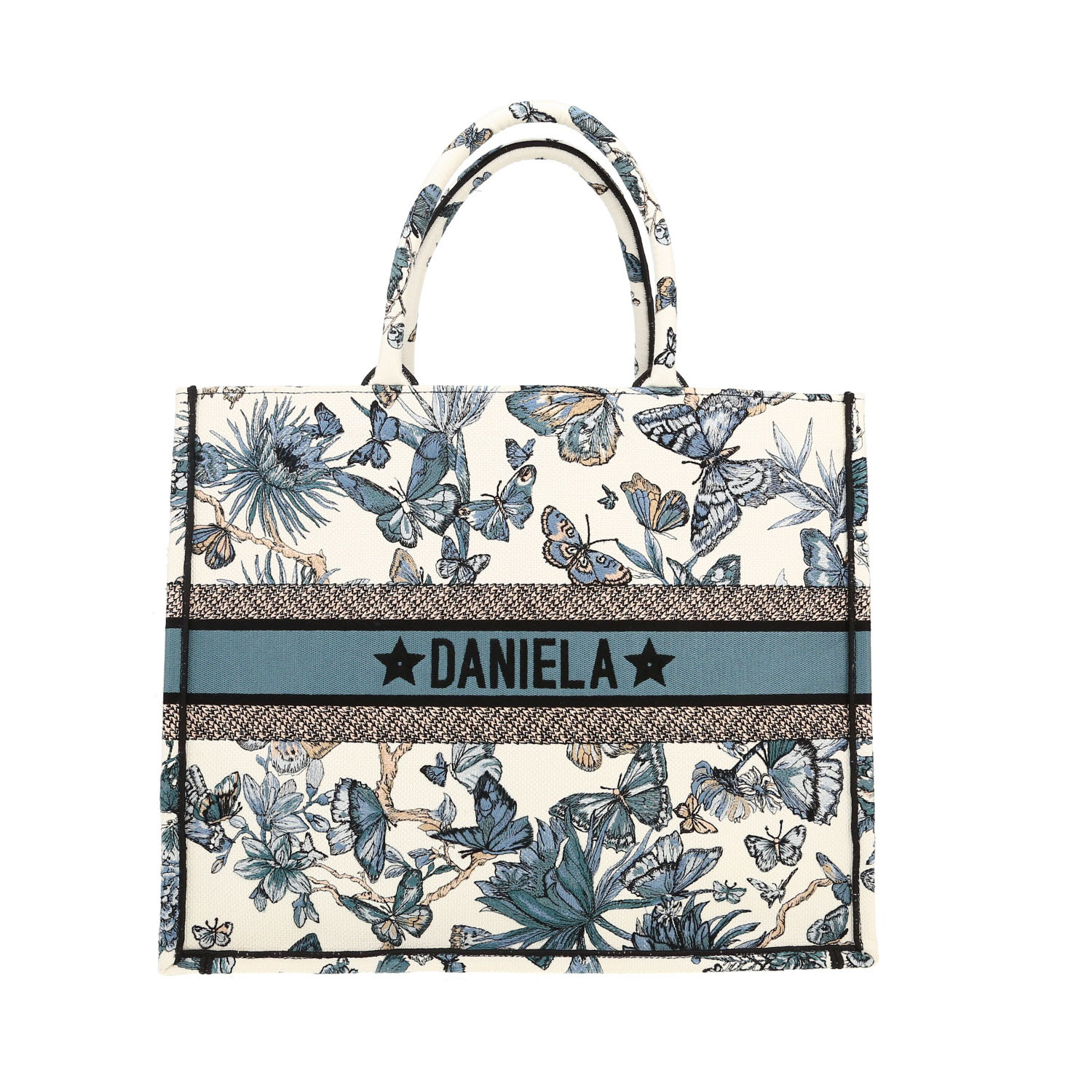 Sac cabas Dior Book Tote grand modèle en toile blanche et bleue - Detail D4