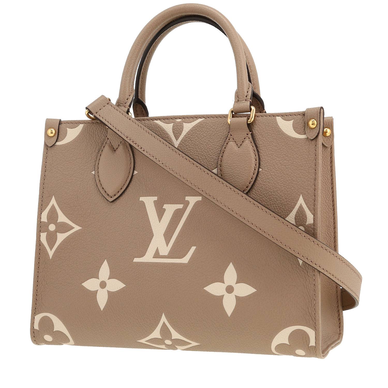 Shopping bag Louis Vuitton  Onthego modello piccolo  in pelle monogram con stampa bicolore beige
